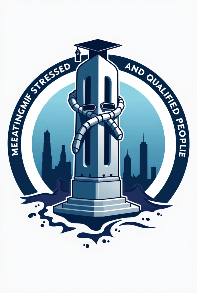Generate a logo that is inside a circle, that this logo has a vertical robotic hand and that above it has a mortarboard, that everything has a color between white, Navy blue, sky blue and black tones. Make it attractive and draw attention. It should also have the words that indicate "meeting of stressed and qualified people" and the letters a little bigger "2024" That the logo in general is more striking, Add more details and decorations to make it look nice