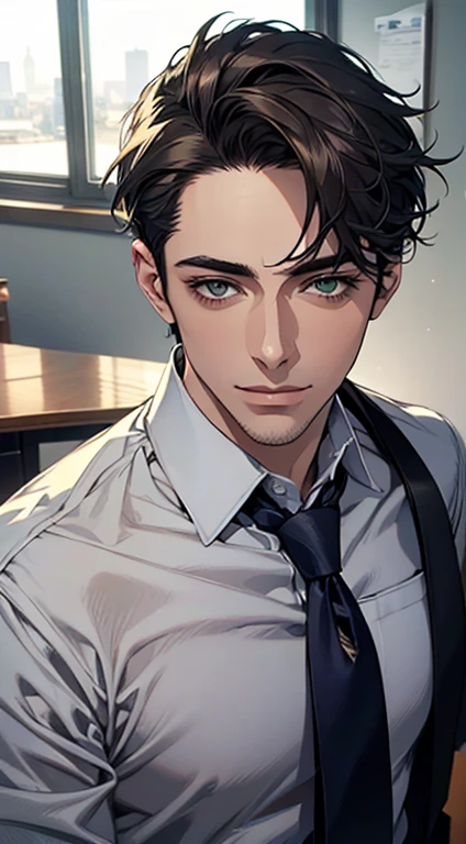 (Highest quality,4K,8K,High resolution,masterpiece:1.2),Super detailed,(Realistic,photoRealistic,photo-Realistic:1.37),1 personld,Mature Men,Beautiful skin、very handsome,Expressionless smile in love,Short dark blue hair,green eyes,Sharp Eyes,A perfect face without a doubt,Businessman,Office Background,Cinema Lighting,HDR image,tie、