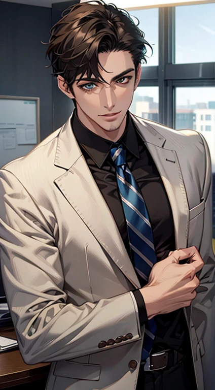 (Highest quality,4K,8K,High resolution,masterpiece:1.2),Super detailed,(Realistic,photoRealistic,photo-Realistic:1.37),1 personld,Mature Men,Beautiful skin、very handsome,Expressionless smile in love,Short dark blue hair,green eyes,Sharp Eyes,A perfect face without a doubt,Businessman,Office Background,Cinema Lighting,HDR image,tie、