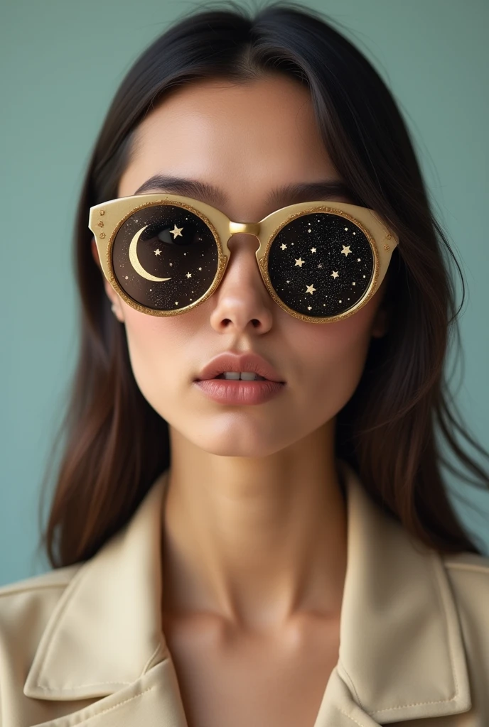 The model is wearing glass sunglasses with stars and the moon on the glass