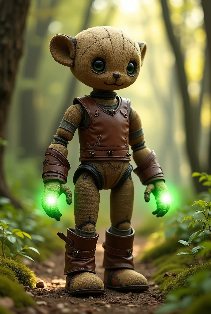 A humanoid doll made of brown cloth, wearing leather armor in a forest clearing with his hands glowing green.