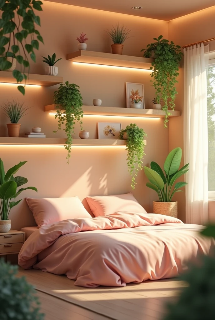 Bedroom beige walls. Decoration with plants and LED lights. earth tones. Soft and aesthetic harmonization. Floating shelves. Bed with kawaii duvet.
