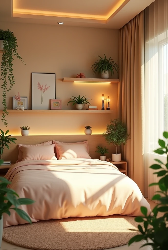 Bedroom beige walls. Decoration with plants and LED lights. earth tones. Soft and aesthetic harmonization. Floating shelves. Bed with kawaii duvet.