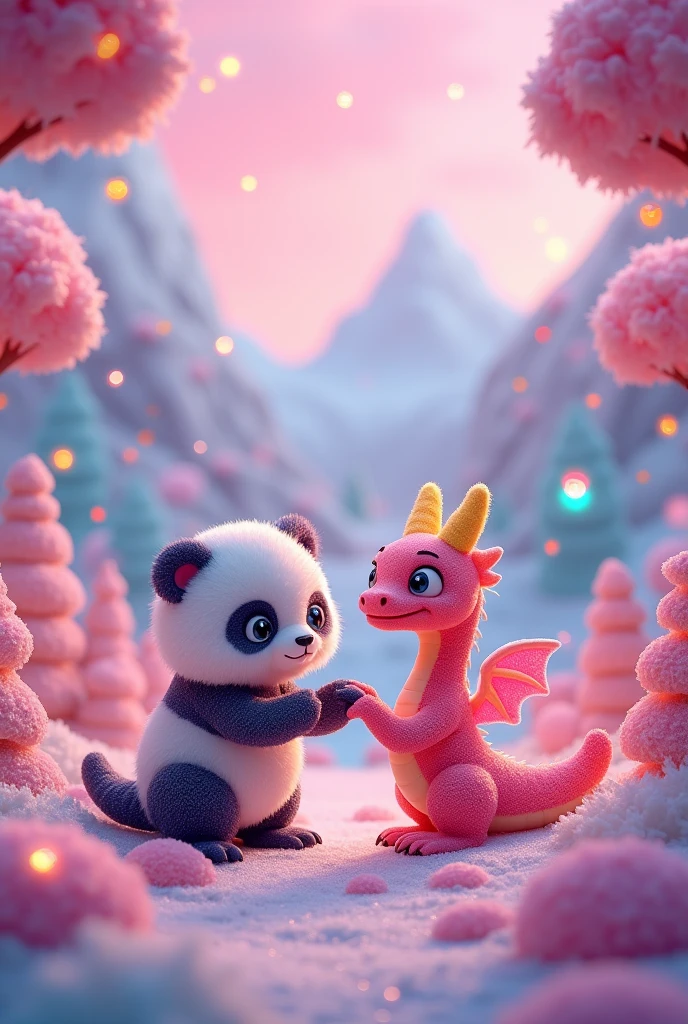 Cartoon panda and beanie dragon、(Fluorescent Color:1.4)、(translucent:1.4)、(Retro filter:1.4)、(fantasy:1.4)、Candy world Disneyland Fantasy fluffy soft scenery forest snow avatar Pastel pink sky green blue glow Dreamy light Pastel soft glow Rainbow stars Diamond glitter Gemstone background Ultra realistic ultra high quality movie lighting Huge details Full HD Full light、