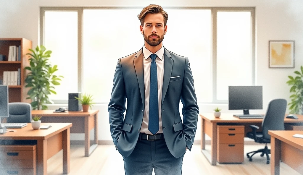 Watercolor art images of a businessman in a suit and tie in an office