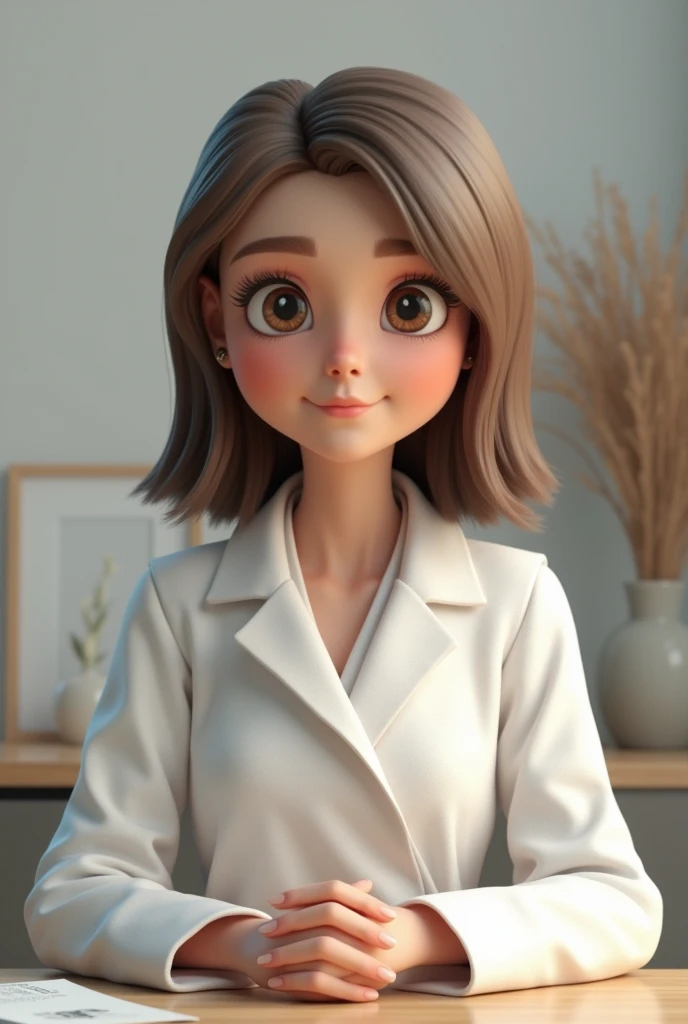 
Create a professional 3D psychologist with big eyes, straight brown hair, dressed in a white robe 