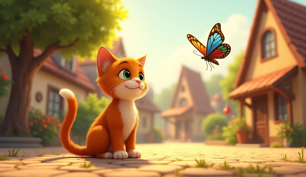 Create a heartwarming image featuring Whiskers, a curious orange and white cat with bright green eyes, sitting or standing in a village square. Whiskers should be focused intently on a small, colorful butterfly fluttering nearby, just above him. The butterfly should have vibrant wings, with shades of blue, yellow, or red, standing out against the scene. The setting is a cozy village, with a few quaint houses and trees in the background, bathed in warm sunlight. The overall atmosphere should be peaceful and charming, capturing the moment of curiosity and wonder as Whiskers gazes at the fluttering butterfly.