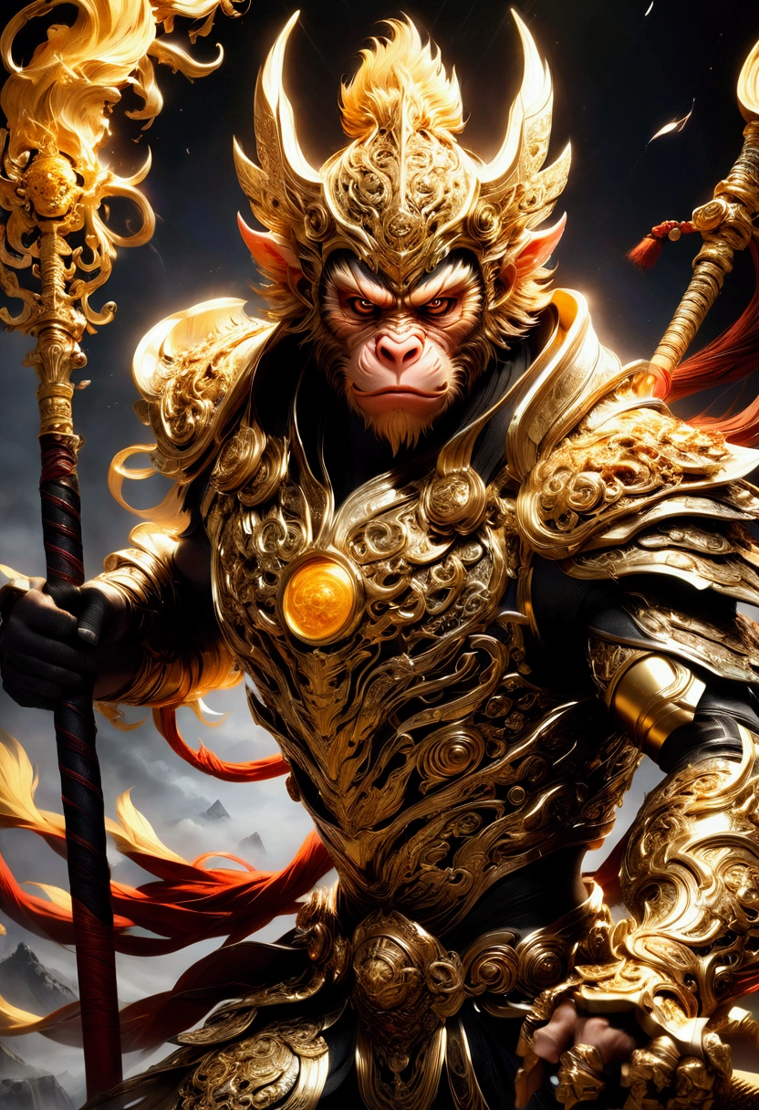 Monkey face, Wukong, Black Myth, a highly detailed 3D render of the character Sun Wukong from the video game Black Myth, masterfully crafted with extreme precision, dynamic lighting, dramatic camera angle, ornate detailed armor, muscular physique, fierce expression, glowing golden staff, otherworldly fantasy environment, cinematic composition, vibrant colors, dramatic shadows, award-winning quality, masterpiece, best quality, very aesthetic, absurdres