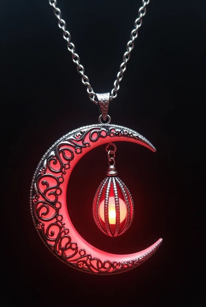 This is an enchanting crescent moon necklace, featuring a glowing, luminescent design. The crescent moon pendant is large and dominates the design, curving gracefully with a delicate filigree pattern that adds intricate detail to its surface. The crescent has a soft, radiant Red glow that emanates from within, creating a magical and otherworldly effect. Hanging from the inside of the crescent moon is a small, spherical crystal or orb, encased in an ornate, silver metal cage. The orb also emits a faint Red glow, harmonizing with the light of the crescent moon. The metal cage surrounding the orb is intricately designed, with delicate swirls and loops that add a touch of elegance and complexity. The pendant is attached to a fine, silver chain that complements the overall design. The chain is simple and unobtrusive, allowing the focus to remain on the glowing crescent moon and orb pendant. The overall aesthetic of the necklace is mystical and celestial, perfect for someone who appreciates unique, fantasy-inspired jewelry with a touch of magic.