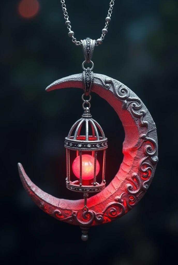This is an enchanting crescent moon necklace, featuring a glowing, luminescent design. The crescent moon pendant is large and dominates the design, curving gracefully with a delicate filigree pattern that adds intricate detail to its surface. The crescent has a soft, radiant Red glow that emanates from within, creating a magical and otherworldly effect. Hanging from the inside of the crescent moon is a small, spherical crystal or orb, encased in an ornate, silver metal cage. The orb also emits a faint Red glow, harmonizing with the light of the crescent moon. The metal cage surrounding the orb is intricately designed, with delicate swirls and loops that add a touch of elegance and complexity. The pendant is attached to a fine, silver chain that complements the overall design. The chain is simple and unobtrusive, allowing the focus to remain on the glowing crescent moon and orb pendant. The overall aesthetic of the necklace is mystical and celestial, perfect for someone who appreciates unique, fantasy-inspired jewelry with a touch of magic.