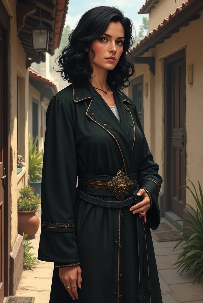 Illustrate Halia Thornton, a woman in her early 40s with a commanding presence. She has sharp, intelligent eyes, a confident expression, and well-groomed dark hair styled in an elegant, practical manner. She wears a high-quality, dark-colored robe with intricate, subtle patterns that hint at her connection with the Zhentarim. Her robe is complemented by a stylish belt and a brooch. She stands with a straight posture, exuding authority, in the small, two-storey house that serves as Fandalin’s native exchange, reflecting the modest but refined setting of a small town