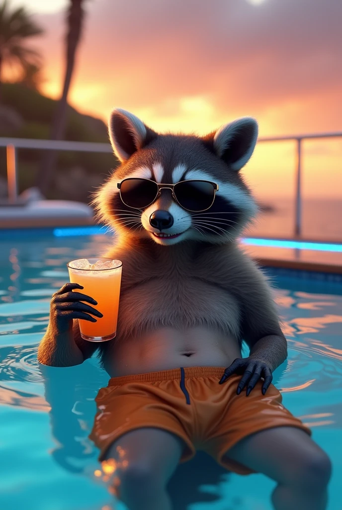 Procione adulto realistico, con uno sguardo felice, senza maglietta con un costume boxer arancione, che beve un cocktail, con occhiali da sole rayban scuri, che nuota in piscina di uno yacht lussuoso con led blu, al tramonto vicino alla costa californiana
