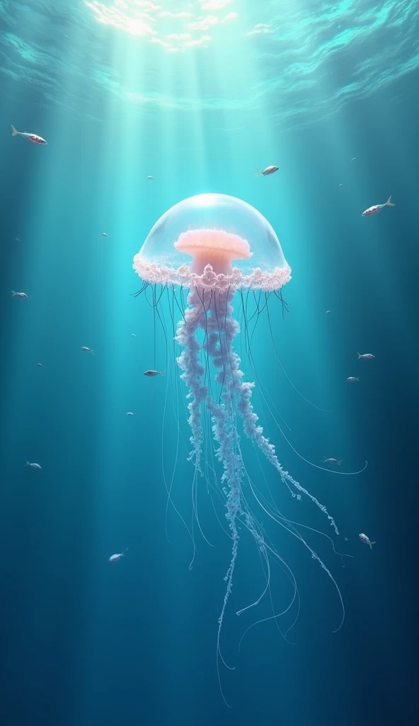The jellyfish swimming in crystal clear waters, highlighting its transparency