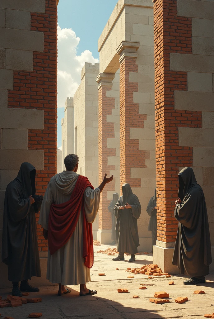 IN*The Wall of Virtue**:
   - Imagine a wall built with bricks that symbolize ethical values (one for each brick). On the other side of the wall, There are corrupt figures (Shadows) who try to climb or cross the wall, but they can&#39;t because of their solidity.
 - You could include Socrates as an architect, with plans that describe how to build a strong character through knowledge .
Beyond there is another wall with moved bricks, mal colocados donde las Shadows si pueden pasar 
 
   