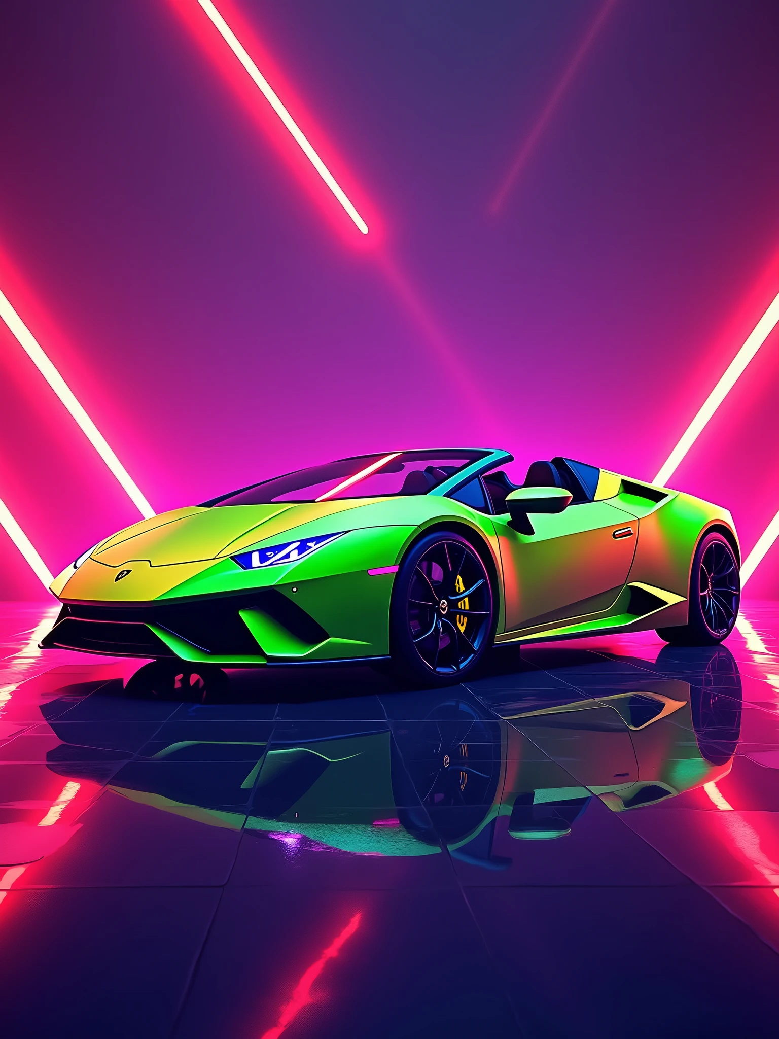 stunning, vibrant illustration of a sleek metallic green Lamborghini Huracan Evo Spyder set in a captivating purple lighting room. The car's geometric design is accentuated by neon lights, and the prominent Lamborghini logo on the side adds to its luxurious appeal. The background features dynamic, futuristic angular red lines, creating a high-energy atmosphere. The car's reflection on a shiny surface below adds depth and dimension to the composition, making for a visually stunning and powerful image., poster, illustration, photo, vibrant