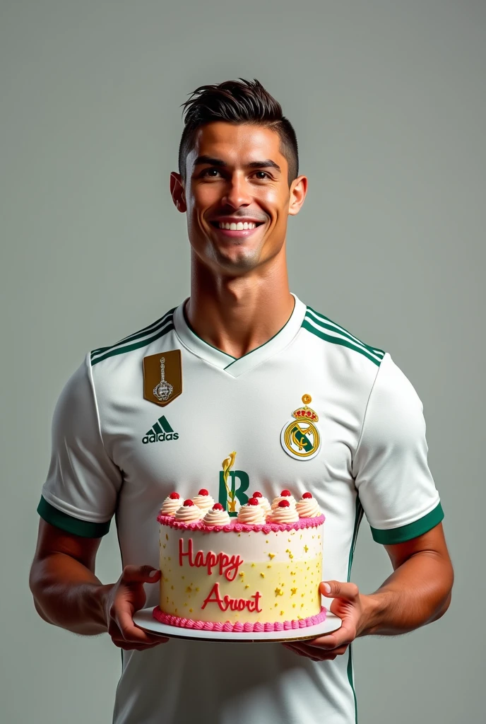 Cristiano Ronaldo with a cake that says Happy Birthday Arnold