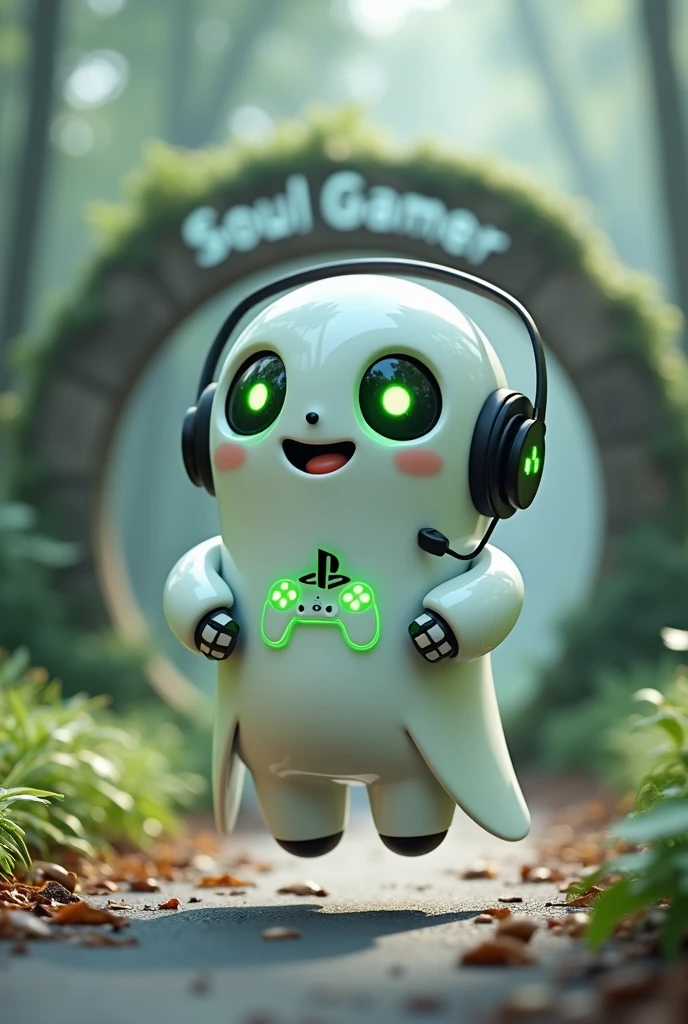 Create a Ghost-Looking Robot Pet. With slightly rounded shapes and well-defined arms and hands. His facial expression has large, green eyes with a glow, conveying a friendly and cheerful expression. He has a small open mouth with a happy smile and flushed cheeks.. Its body is white with small green details and a smooth, slightly shiny texture.. He has a headset on his head with an adjustable microphone positioned close to his mouth.. And on his chest you can see the illuminated shape of a Playstation 5 controller in fluorescent green.. It floats in the air, as if he were ready for an adventure. Behind the character you can see a portal and on it is written "Soul Gamer".