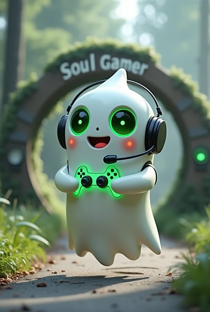 Create a Ghost-Looking Robot Pet. With slightly rounded shapes and well-defined arms and hands. His facial expression has large, green eyes with a glow, conveying a friendly and cheerful expression. He has a small open mouth with a happy smile and flushed cheeks.. Its body is white with small green details and a smooth, slightly shiny texture.. He has a headset on his head with an adjustable microphone positioned close to his mouth.. And on his chest you can see the illuminated shape of a Playstation 5 controller in fluorescent green.. It floats in the air, as if he were ready for an adventure. Behind the character you can see a portal and on it is written "Soul Gamer".