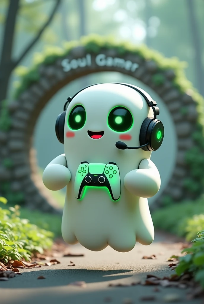 Create a Ghost-Looking Robot Pet. With slightly rounded shapes and well-defined arms and hands. His facial expression has large, green eyes with a glow, conveying a friendly and cheerful expression. He has a small open mouth with a happy smile and flushed cheeks.. Its body is white with small green details and a smooth, slightly shiny texture.. He has a headset on his head with an adjustable microphone positioned close to his mouth.. And on his chest you can see the illuminated shape of a Playstation 5 controller in fluorescent green.. It floats in the air, as if he were ready for an adventure. Behind the character you can see a portal and on it is written "Soul Gamer".