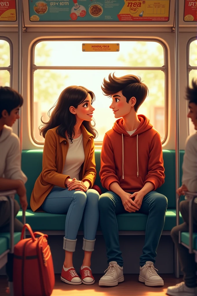 Cute teenage Girl and boy sitting together and talking in Indian Mumbai train local with their bags