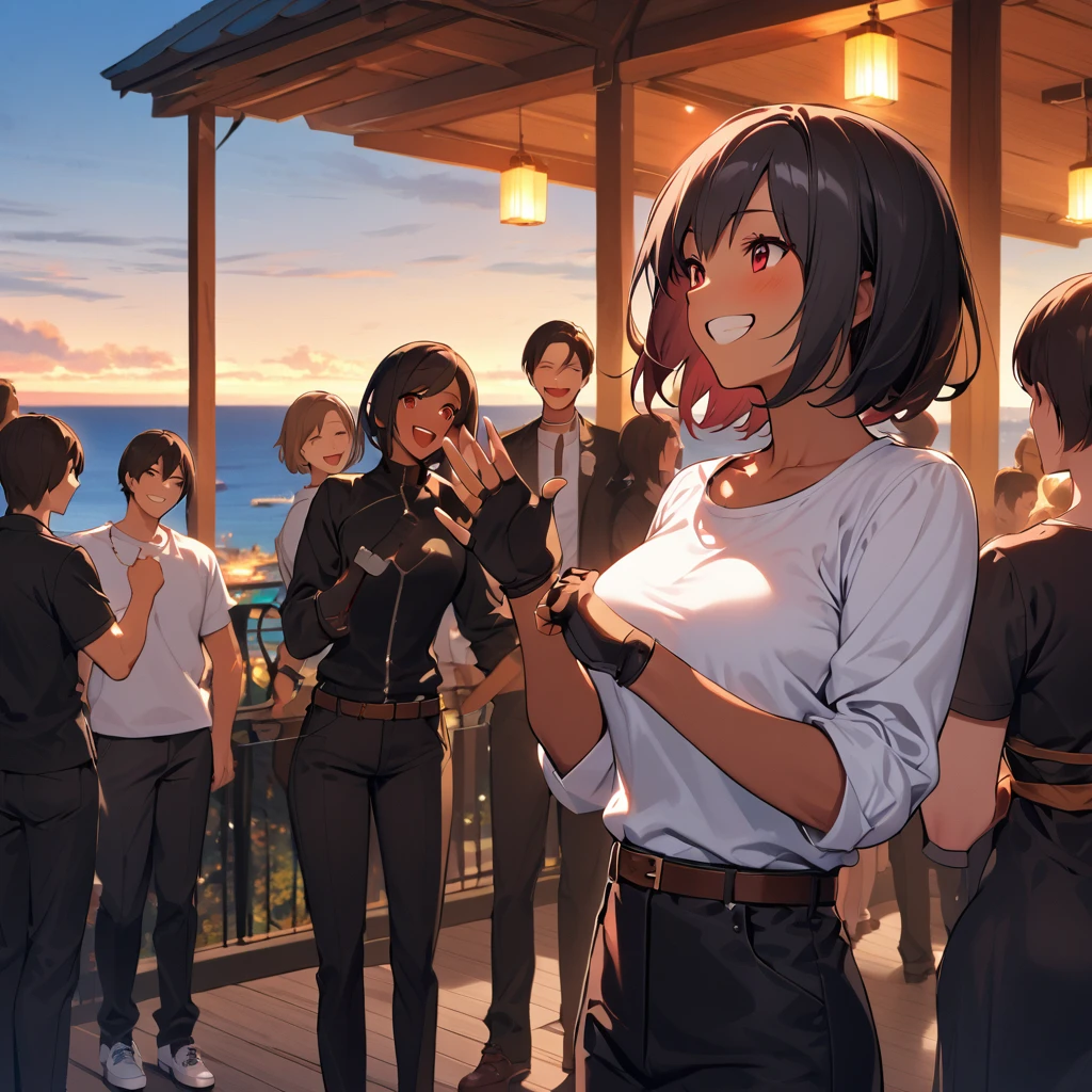 Number of people,woman,(Laugh with hands on stomach),Having a good laugh,Standing posture,short hair,Black Hair,Dark Skin,Red eyes,(black jacket with sleeves rolled up),Fingerless gloves,White T-shirt, (White headband),Black trousers,White shoes,Brown belt,cute,Indoor Party,Charm Points,Ocean View,Slightly large chest,Outdoor,high quality,good looking,Confident smiling face,Hanging out with friends on the terrace,Vibrant atmosphere,