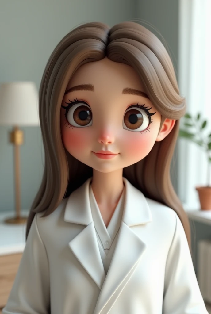 
Create a professional 3D psychologist with big eyes, long straight brown hair, dressed in a white robe 