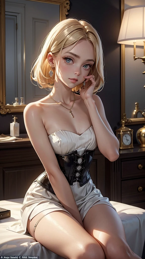 Pose: (masterpiece), (best quality), (detailed), light layer, 1solo girl, young girl, perfect body defined chest, defined collarbone seated with one hand gently resting on her neck or collarbone. Her fingers should be relaxed, creating a delicate and graceful touch. Her body can be slightly angled to highlight the gentle gesture, with her other hand resting softly at her side or on her lap.
Expression: Calm and introspective, with a soft smile or a thoughtful gaze that conveys a sense of reflection and self-awareness.
Attire: Elegant and refined outfit such as a Corset Flared Crisscross Strap Dress, Punk Sleeveless Dress that complements the serene mood.
Hair: Styled neatly, blonde straight hair, enhancing the reflection.
Makeup: Subtle yet refined, with a focus on eyes and lips to create a balanced and elegant look in both the reflection and the main image.
Background: A softly lit room with an elegant mirror, such as a bedroom vanity, a grand hallway, or a minimalist bathroom that adds sophistication to the scene.
Lighting: Soft, diffused lighting that illuminates both her face and the reflection, creating a gentle glow and emphasizing the duality of the image.
Accessories: Delicate and minimal, such as a simple necklace, a pair of earrings, or a stylish watch, adding a touch of elegance without overpowering the scene.
Props: Optional, such as a small perfume bottle, a brush, or a piece of jewelry placed on the vanity, enhancing the reflective atmosphere.
Mood: Reflective, serene, and elegant.