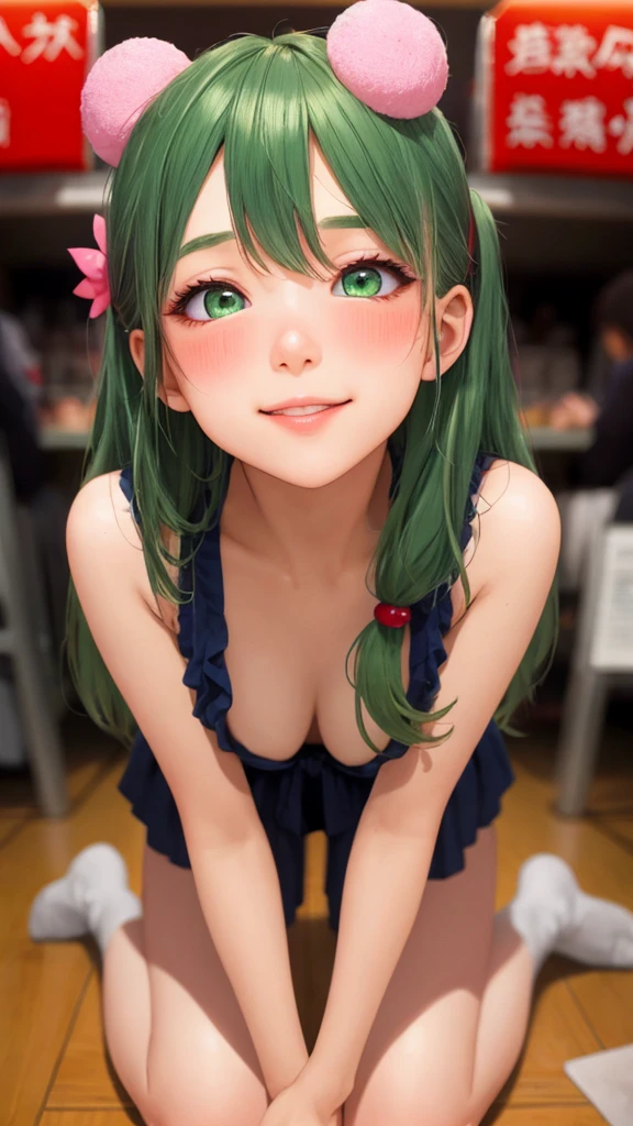 1girl in, Large breasts, hair bobbles, a 2 girl, beautiful and delicate face, stereograms, Exact ratio, Japan Person Model, fair white skin, long legged, Best Quality, 8K, Super Detail, authentic skin, Skin Details, Beautiful eyes, Slimed, Atmospheric perspective, Open mouth, Smile, Big breasts, Masterpiece, Full of embarrassment, anaglyph, solid circle eyes, ear blush, surrealism, drop shadow, Smiling eyes,Perfect Hands,Perfect Legs, Kochiya Sanae, Green hair, Green Flog Hair Clip