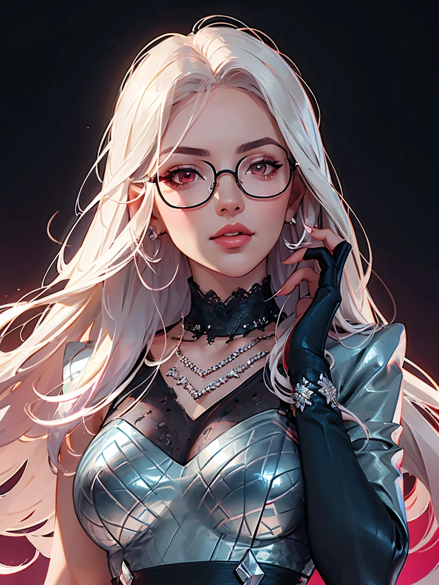 detailed textures, high quality, high resolution, high accuracy, Realism, color correction, correct lighting settings, harmonious composition. 1 girl in, Straightening clothes, bad girl, черные gloves, split, earrings, Glasses, gloves, Jewelry, lace, lace trim, Big breasts, lips, long hair, I look at the viewer, draw up, приоткрытые lips, red background, Red eyes, красные lips, round glasses, One, Sunglasses, tinted glasses, upper body, white hair--ar 3:4- Niji 6