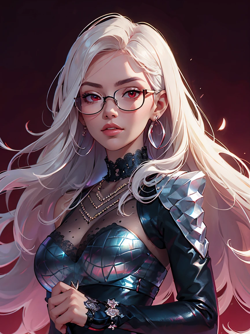 detailed textures, high quality, high resolution, high accuracy, Realism, color correction, correct lighting settings, harmonious composition. 1 girl in, Straightening clothes, bad girl, черные gloves, split, earrings, Glasses, gloves, Jewelry, lace, lace trim, Big breasts, lips, long hair, I look at the viewer, draw up, приоткрытые lips, red background, Red eyes, красные lips, round glasses, One, Sunglasses, tinted glasses, upper body, white hair--ar 3:4- Niji 6