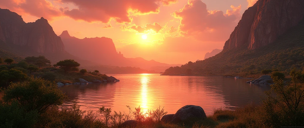 Stunning African wilderness landscape, beautiful sunrise over a tranquil lake, dramatic cinematic lighting, majestic rock formations, no animals or evil, breathtaking view, extreme detail, (best quality, 4k, 8k, high definition, masterpiece: 1.2), extreme detail, (realistic, realistic, photorealistic: 1.37), dramatic lighting, cinematic composition Pixar style close to the Lion King animation The land area is larger than the lake Trees and rocks Attention to precise theatrical perspective High quality on the scale of theatrical design
