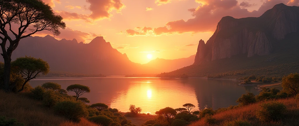 Stunning African wilderness landscape, beautiful sunrise over a tranquil lake, dramatic cinematic lighting, majestic rock formations, no animals or evil, breathtaking view, extreme detail, (best quality, 4k, 8k, high definition, masterpiece: 1.2), extreme detail, (realistic, realistic, photorealistic: 1.37), dramatic lighting, cinematic composition Pixar style close to the Lion King animation The land area is larger than the lake Trees and rocks Attention to precise theatrical perspective High quality on the scale of theatrical design