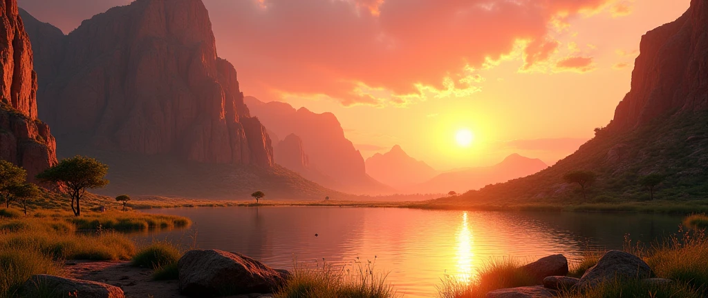 Stunning African wilderness landscape, beautiful sunrise over a tranquil lake, dramatic cinematic lighting, majestic rock formations, no animals or evil, breathtaking view, extreme detail, (best quality, 4k, 8k, high definition, masterpiece: 1.2), extreme detail, (realistic, realistic, photorealistic: 1.37), dramatic lighting, cinematic composition Pixar style close to the Lion King animation The land area is larger than the lake Trees and rocks Attention to precise theatrical perspective High quality on the scale of theatrical design