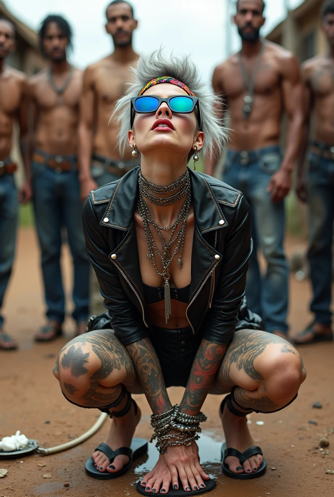 russian milf woman, grey hair (pouf, huge top bun and shaved sides),  oversized square maxisunglasses, colourful bandana as headband, with very light blue eyes, extremely pale skin. Wearing tight aged black moto jacket  studded collar) with lots of zippers and pins; shiny black plastic  bikini, flip flops . Chain around hips like belts. Dirty knees and dusty hands. Lots of metallic bracelets, lots of boho pendants and lots of colourful beads collars. Long huge boho. Chains around the hips. Squatting on a puddle with hands on her hips, looking up, chin up, stretching her neck , humble facial expression. Bracelets in ankles and rings in fingers. Black nail polish. studded black leather tote bag with chain  on the floor, next to her..  Listening looking up  in amazement to somebody speaking to her from the sky, upper teeth visible. Well toned abdominals, thin neck, slim legs and thin arms.  Narrow hips  Cleavage, stomach, neck, tigh and hands completely covered with tattoos.  Dirt street in Kenyan village full of waste. A lot of tanned shirtless fat men in jeans around looking at her. next to her, all her belongings scattered on the floor: tobacco packs, makeup kit, little makeup mirror, studded black leather tote bag, lipstick, wallet, moble etc on the floor