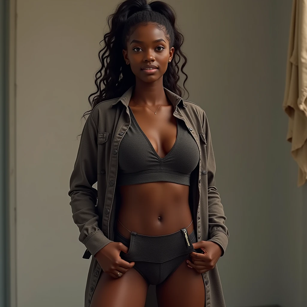 African girl, skirt, sexy, long hair, jacket, abs, bra