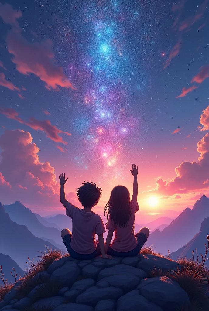 Create an image of two young people sitting on the top of a mountain, both looking at the horizon, the boy raising his left hand and the girl raising her right hand, seeing beautiful star particles of different colors and in the background playing hundreds of video games that they have shared together.