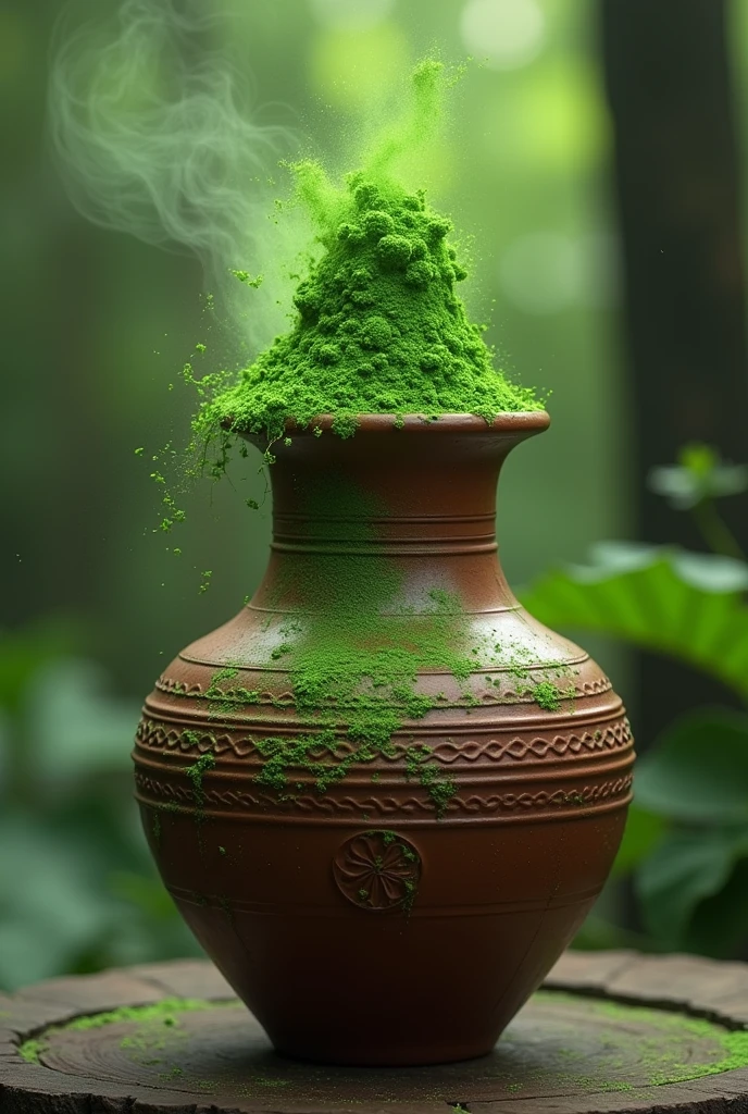 Make a picture of a very long and tall clay pot with green flour