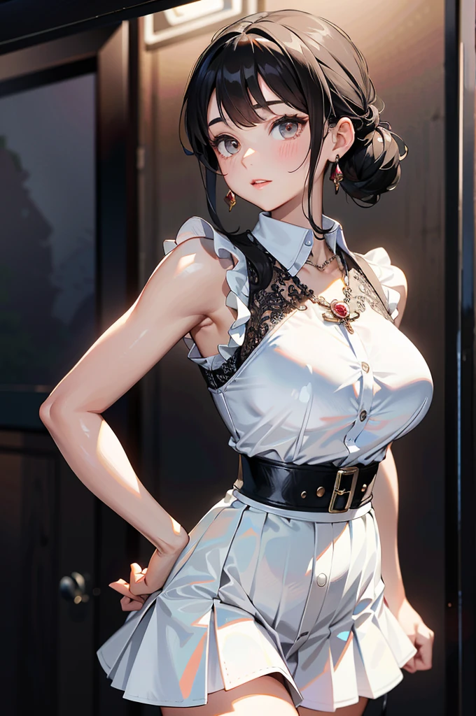 (masterpiece:1.2), realistic, photo of 18 y.o girl in a loose shirt(unbuttoned shirt), half, best quality, big breasts, Bare Shoulders, cleavage, nsfw, [[Hands hidden behind the back]], earrings, Complete shirts, black choker, solo, [sfw], --auto --s2