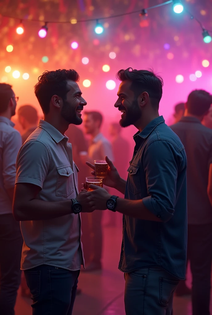 Two guys at a party talking to each other eagerly