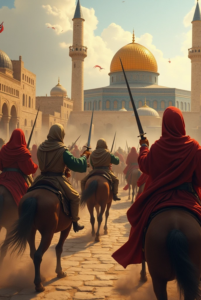 Muslims are advancing towards Al-Aqsa Mosque on horseback with swords in hand killing their enemies