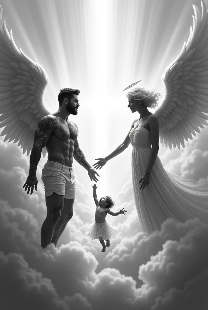 2 angels in the clouds reaching out to each other, muscular torso man and child angel, rays, monochrome photorealism tattoo, Black and White Sketch, Horizontal Image, Antique, sitting on the opposite