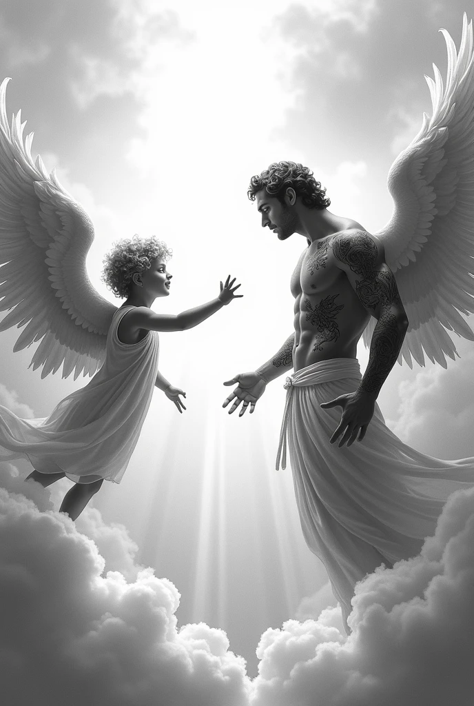 Creation of adam, antique angel man torso, baby naked angel, black white tattoo sketch monochrome, Art, in the clouds