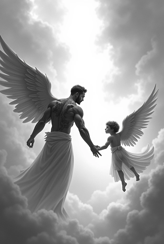 2 angels in the clouds reaching out to each other, muscular torso man and child angel, rays, monochrome photorealism tattoo, Black and White Sketch, Horizontal Image, Antique, sitting on the opposite