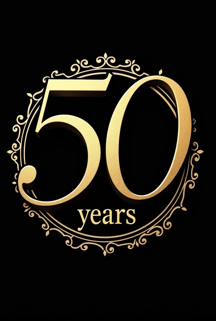 Create a visual identity for a 50th birthday party with an elegant and sophisticated design. The number '50' should be the main focus, stylized in metallic gold on a solid black background. Include the letter 'S' in a curvy, sophisticated style, with an ornate circular border around it, with intricate patterns like loops and spirals. Replace 'ANNIVERSARY' with 'YEARS' in a smaller serif font, maintaining elegance and visual balance. Include the initials 'SL' in the design. The image must convey luxury and exclusivity, celebrating Sheilla's 50th birthday milestone.