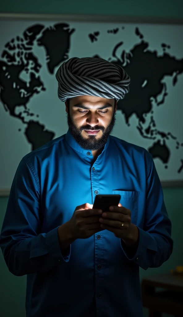 The image shows a Muslim man wearing a blue shirt and a striped headscarf. He is standing in a dark room with a map of the world in the background. The man is holding a smartphone in his hands and appears to be looking at it intently. He has a serious expression on his face and his eyes are focused on the screen. The overall mood of the image is somber and contemplative.