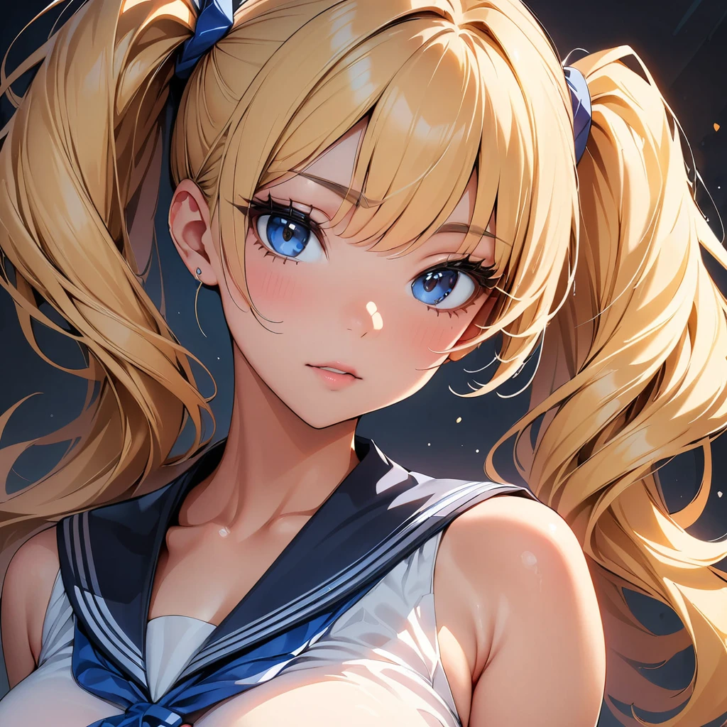 (highest quality, 4k, masterpiece :1.3), Beautiful woman, 1 girl, (chest, attractive body :1.2), JK:1.1, blonde twintails: 1.1, sailor suit, super detailed face, lip details, fine eyes, double eyelid