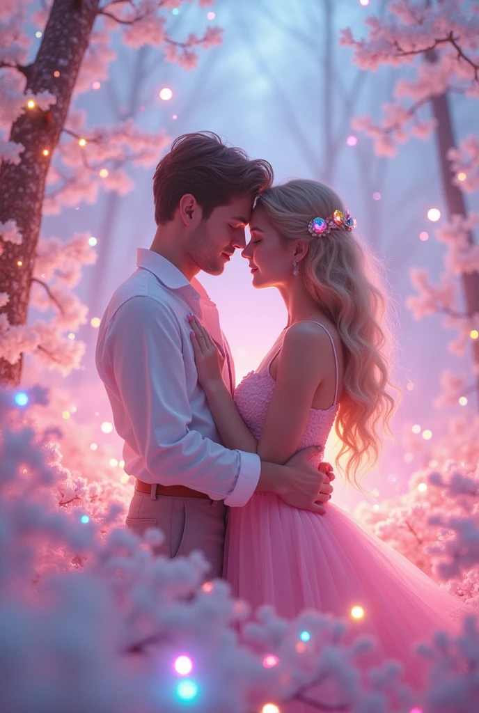 sweet couple、(Fluorescent Color:1.4)、(translucent:1.4)、(Retro filter:1.4)、(fantasy:1.4)、Candy world Disneyland Fantasy fluffy soft scenery forest snow avatar Pastel pink sky green blue glow Dreamy light Pastel soft glow Rainbow stars Diamond glitter Gemstone background Ultra realistic ultra high quality movie lighting Huge details Full HD Full light、