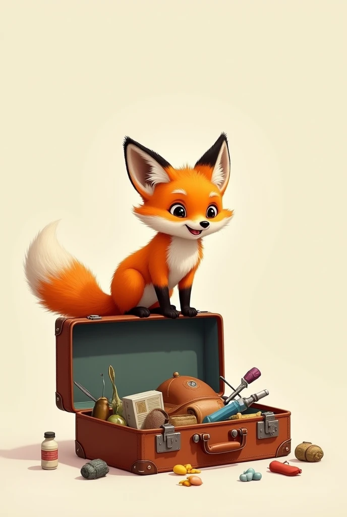 Children's fox sitting on a full suitcase, which is not closed properly, without background