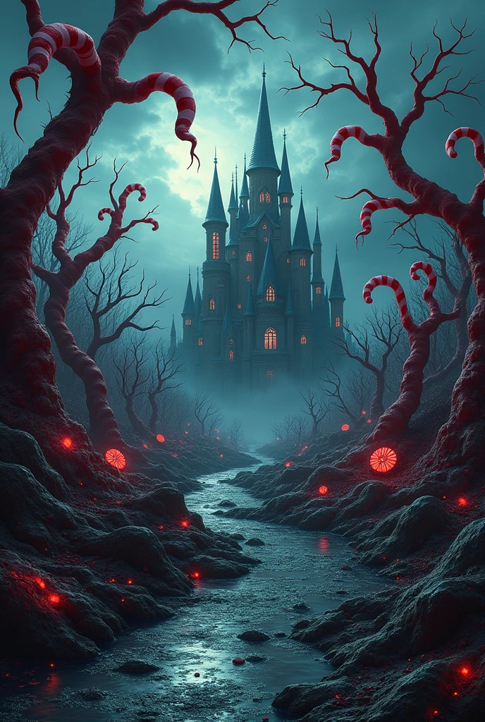 A dark, sinister candy land scene inspired by Willy Wonka's chocolate factory. The landscape is filled with towering candy canes, but they twist unnaturally, resembling thorny vines. The chocolate river is thick and sluggish, with an eerie, almost black hue. The trees are made of hard candy, their branches sharp and jagged, and the leaves are translucent, glowing with an ominous light. The sky is overcast with swirling dark clouds, casting long shadows over the landscape. The ground is littered with broken candy pieces and cracked sugar glass, giving the scene an unsettling, haunted vibe. In the distance, a candy castle looms, its once vibrant colors now faded and eerie, with windows that seem to watch the viewer. The overall atmosphere is one of decay, with the once sweet and inviting land now transformed into a creepy, distorted version of itself.
