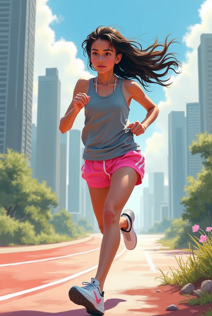 1 girl, standing alone, sprinting, gray top, shorts rosa, hypdertailed, athletic build, dynamic brushstrokes, fluid motion, capturing the essence of their athleticism and energy, using light colors and soft tones to create a dreamy, ethereal atmosphere, portraying the motion and grace of sprinting, showing the wind blowing her hypdertailed and clothes, and the landscape around you. plein-air, detailed back ground, Modern metropolis,